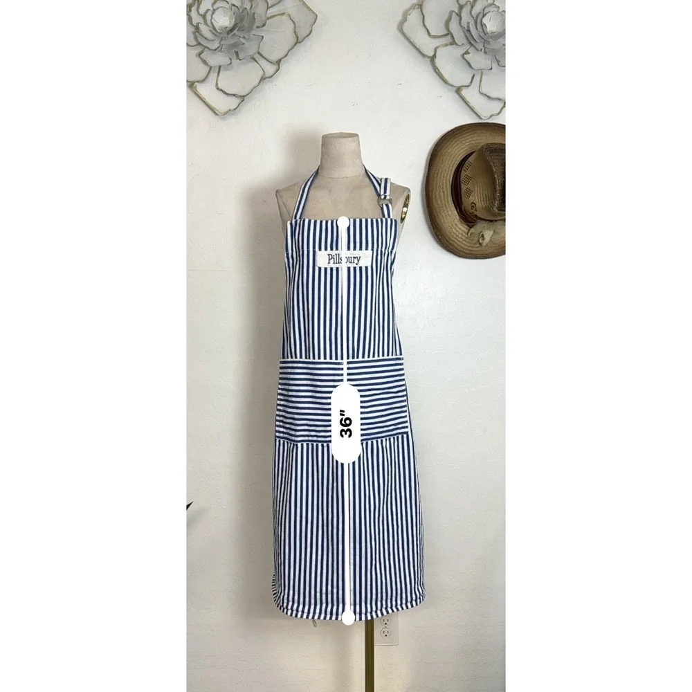 Pillsbury Striped Cotton Cooking Apron Blue White Embroidered Size L/XL Pocket